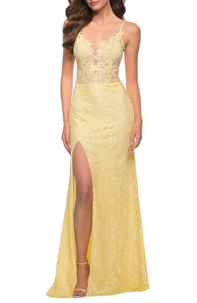 La Femme Open-back Stretch Lace Column Gown In Pale Yellow