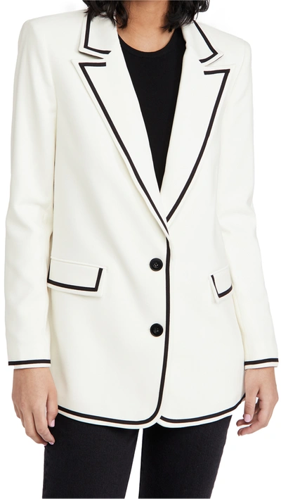 Alice And Olivia Elna Long Blazer With Contrast Trim In Off White/ Black