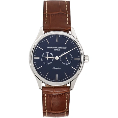 Frederique Constant Classics Gents Quartz Stainless Steel & Leather Strap Watch In Navy/brown