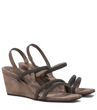 Brunello Cucinelli Monili-trimmed Suede Wedge Slingback Sandals In Military