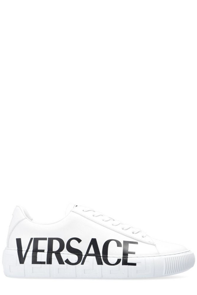 Versace Leather Sneakers With Logo Print In White