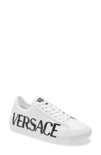 Versace Leather Sneakers With Logo Print In White