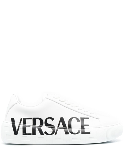 Versace Logo Print Greca Trim Sneakers In White