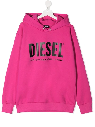 Diesel Teen Sdivision-logo Over Logo-print Cotton Hoodie In Pink