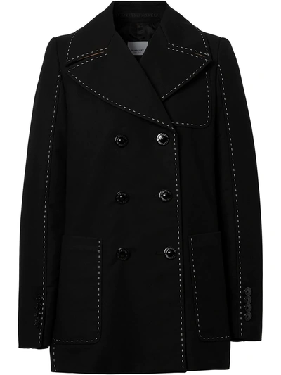 Burberry Topstitched Cotton Pea Coat In Black
