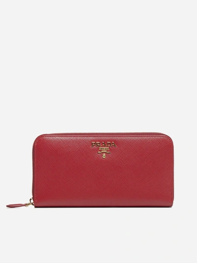 Prada Logo Saffiano Leather Wallet In Fuoco