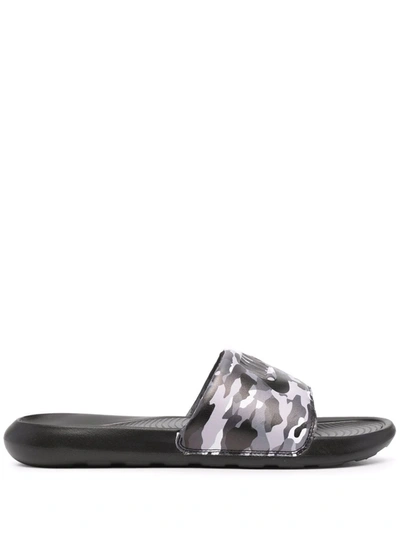 Nike Victori One Camouflage-print Slides In Black/ Black/ Grey