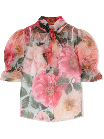 Dolce & Gabbana Kids' Floral-print Silk Shirt In Pink