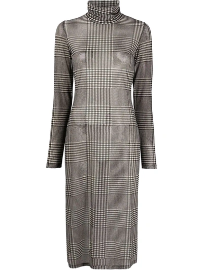 Mm6 Maison Margiela Prince Of Wales Checked Stretch-mesh Turtleneck Dress In Grey