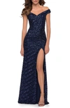 La Femme Sequin Stripe Off The Shoulder Gown In Navy