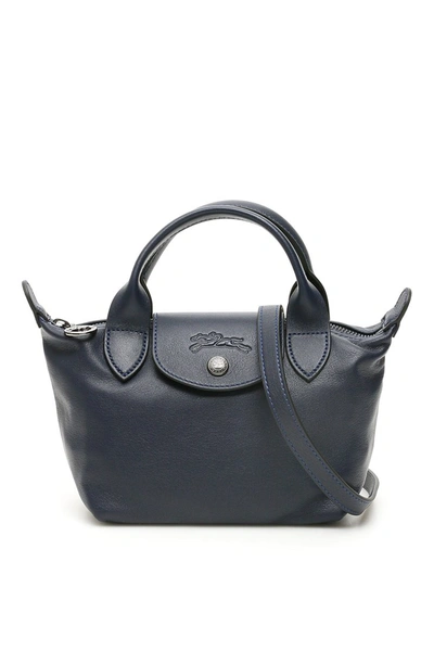 Longchamp Le Pliage Cuir Mini Handbag In Blu Navy