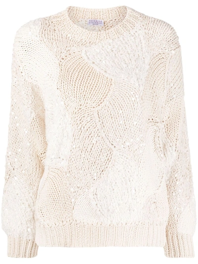 Brunello Cucinelli Sequin-embellished Patchwork Cotton Sweater In White