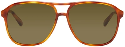 Gucci Tortoiseshell Retro Aviator Sunglasses In 005 Havana/green