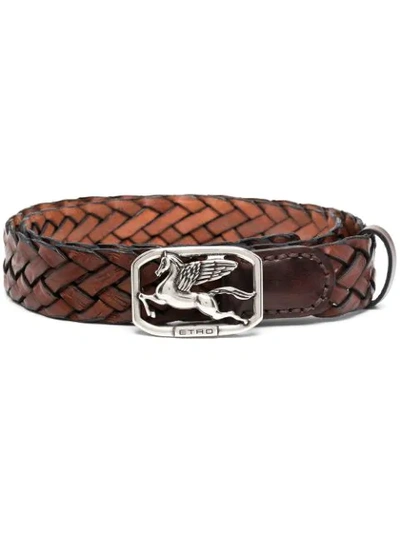 Etro Pegaso Logo Woven Leather Belt In Brown