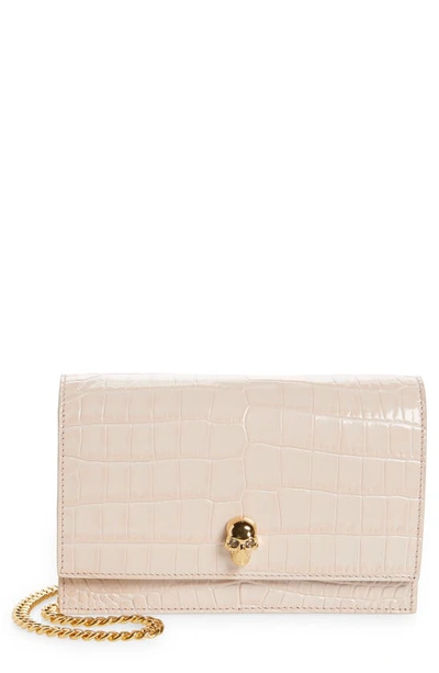 Alexander Mcqueen Skull Mini Embellished Croc-effect Leather Shoulder Bag In Pink