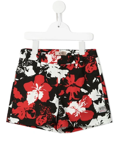 N°21 Kids' Floral Patterned Shorts In Red And Black