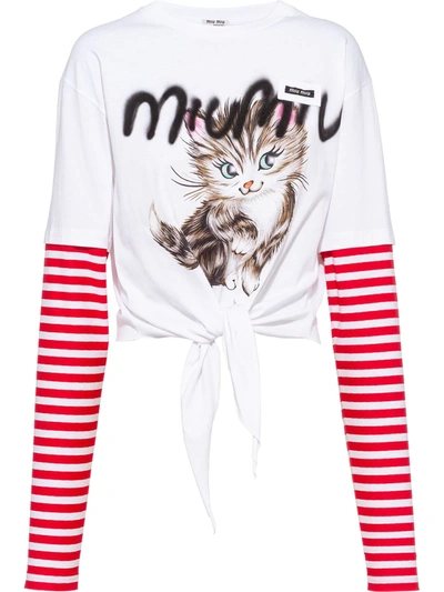 Miu Miu T-shirt With Kittens Print And Knot In White