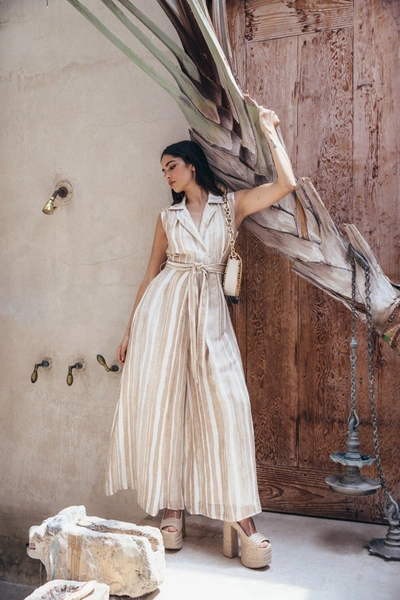 Cult Gaia Sybil Striped Linen And Silk-blend Jumpsuit In Beige