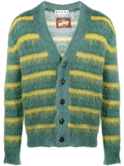 Marni Horizontal-stripe Knitted Cardigan In Green