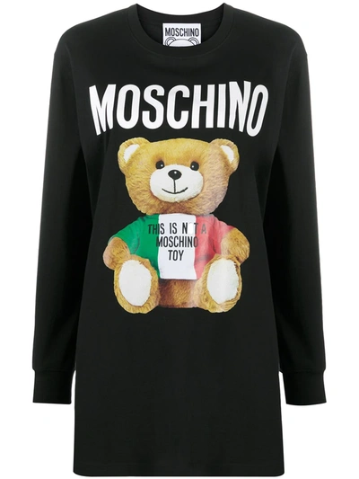 Moschino Couture Cotton Sweatshirt Dress With Teddy Print In Black