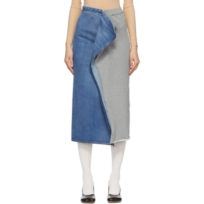 Mm6 Maison Margiela Blue & Grey Denim Sweat Split Skirt In Blue,grey
