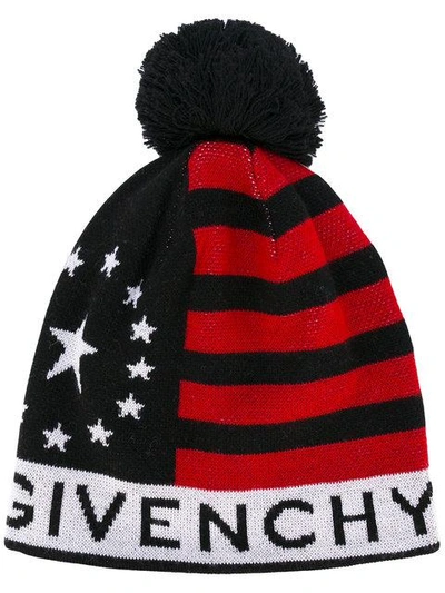 Givenchy Pompom Logo-print Wool-blend Beanie Hat In Black