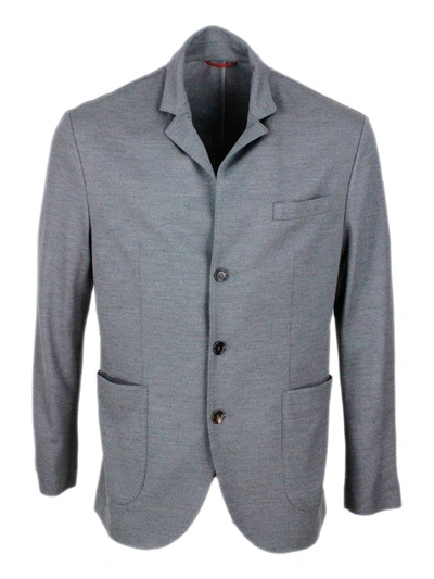 Brunello Cucinelli Blazer Jacket In Wool Pique With 3 Buttons, Patch Pockets With Visible Stitching In Grey