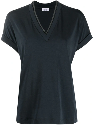 Brunello Cucinelli Short Sleeve V-neck T-shirt With Monili On The Pocket In Multicolor