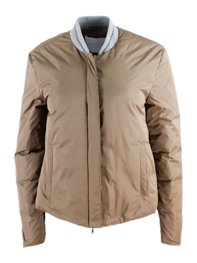 Fabiana Filippi Bomber Jacket In Light Real Down With Monili On The Neck In Brown