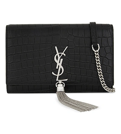 Saint Laurent Monogram Kate Crocodile-embossed Leather Wallet-on-chain In Black