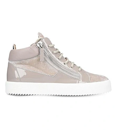 Giuseppe Zanotti Mid-top Velvet And Leather Sneakers In Grey