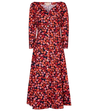 Marni Pop Garden Floral-print Cotton-poplin Midi Dress In Red