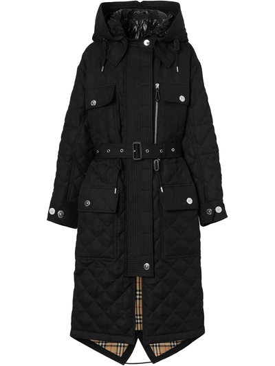 Burberry Detachable Hood Quilted Ramie Cotton Parka In Black