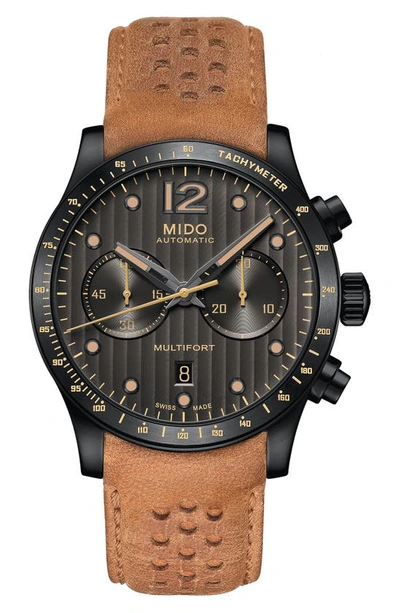 Mido Multifort Adventure Chronograph Leather Strap Watch, 44mm In Tan/ Grey/ Gunmetal