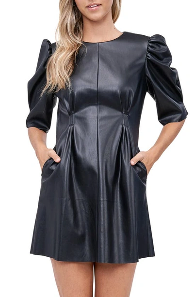 En Saison Puff Sleeve Faux Leather Minidress In Black