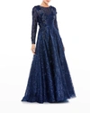 Mac Duggal Embellished Long-sleeve Floral Lace A-line Gown In Navy