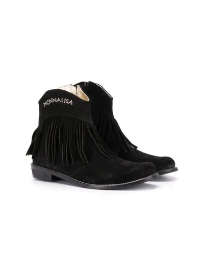 Monnalisa Teen Fringed Ankle Boots In Black