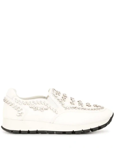 Pre-owned Prada Rhinestone-embellished Slip-on Sneakers In White