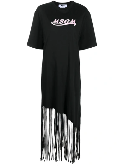 Msgm Fringed Long T-shirt Dress In Black