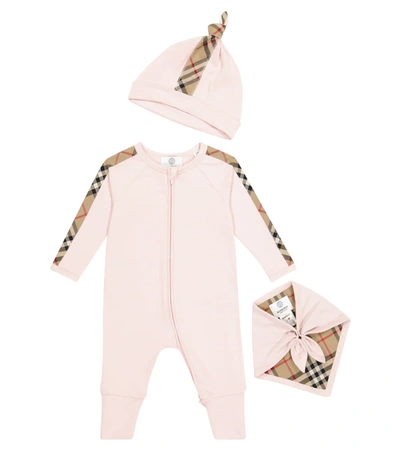 Burberry Babies' Cotton Romper, Bib & Hat W/check Inserts In Pink