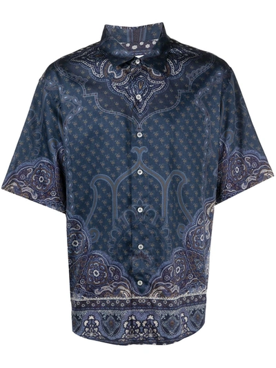 Etro Paisley-print Short-sleeve Shirt In Blue,grey,khaki
