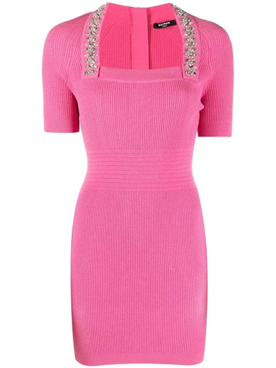 Balmain Crystal-embellished Ribbed Stretch-knit Mini Dress In Pink