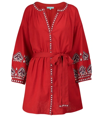Melissa Odabash Tania Belted Embroidered Cotton And Linen-blend Kaftan In Red