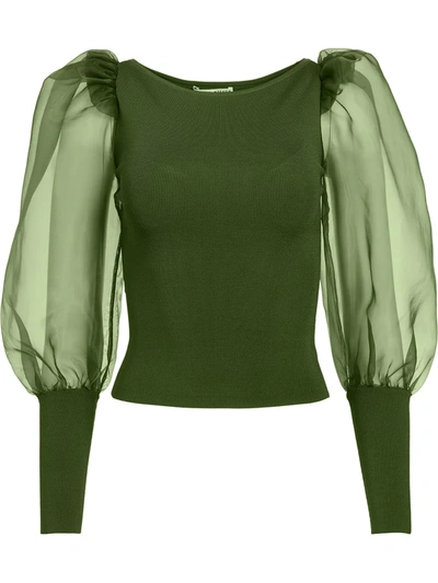 Alice And Olivia Fine-knit Puff-sleeve Jumper In Green