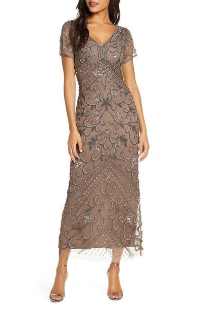 Pisarro Nights Beaded Mesh Column Gown In Taupe