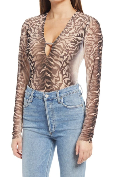 Afrm Chello Mesh Bodysuit In Placement Ombre Animal