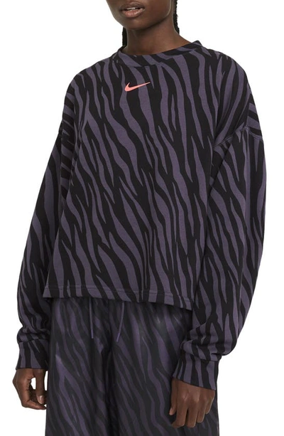 Nike Sportswear Icon Clash Wild Print Crop Sweatshirt In Dark Raisin/bright Mango