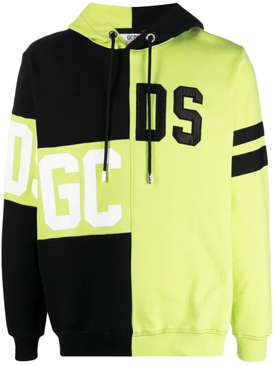 Gcds Yellow And Black Cotton Hoodie In Black,green