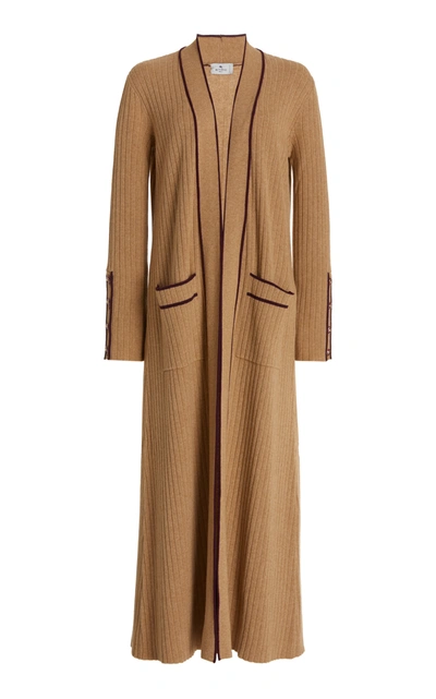 Etro Women's Contrast-tipped Ribbed-knit Long Cardigan In Beige