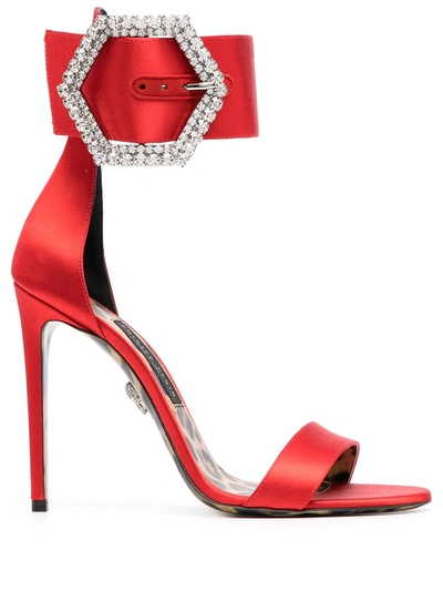 Philipp Plein Embellished-buckle Satin Sandals In Red